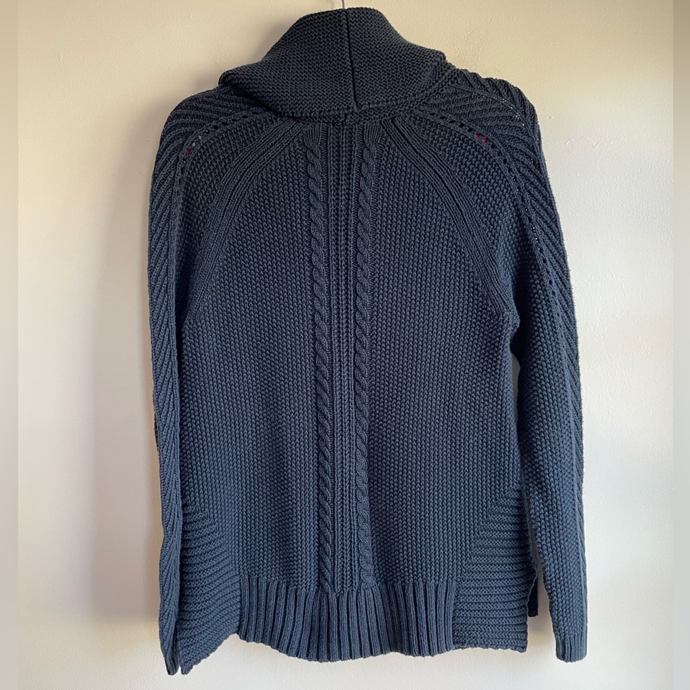 CAbi #3168 Navy Cable Knit Cowl Neck Fisherman Sweater Size S - Picture 4 of 6